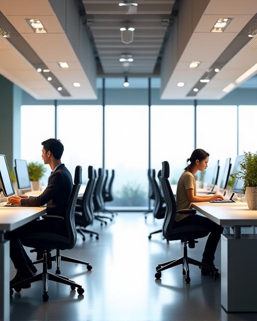 カイゼン家具の家具で完全に設備されたモダンなオープンオフィスの様子。